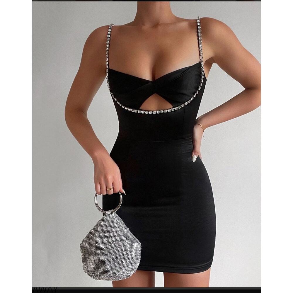Runway Sydney Satin Rhinestone Strap Mini Dress Size US 4 S Black Party Glam